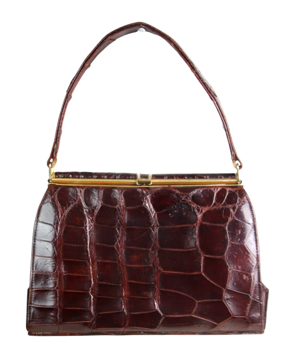 VINTAGE BROWN CROCODILE SKIN FRAME TOP HANDLE SHOULDER BAG HANDBAG SATCHEL PURSE